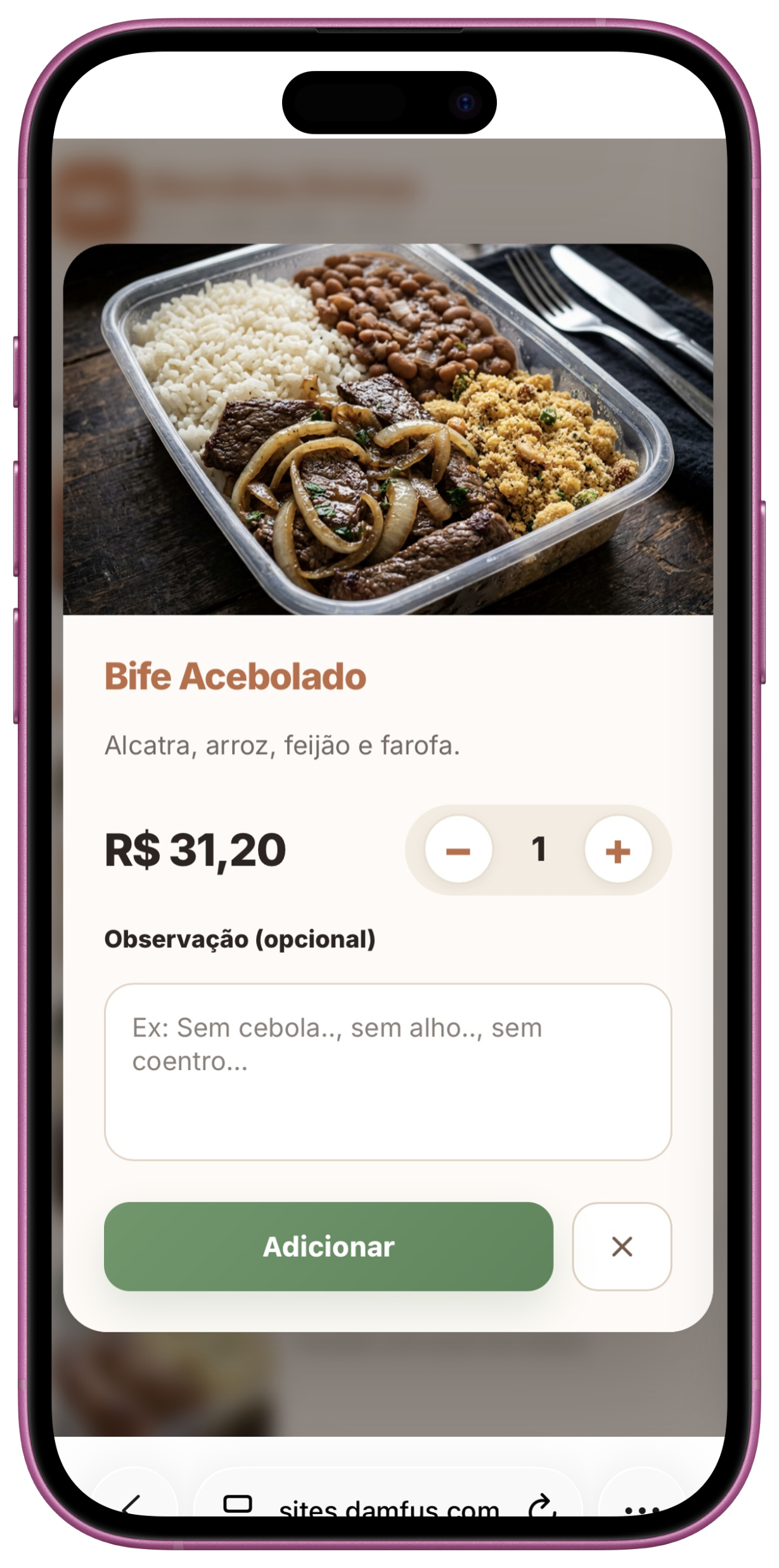 Site Marmitas - produto